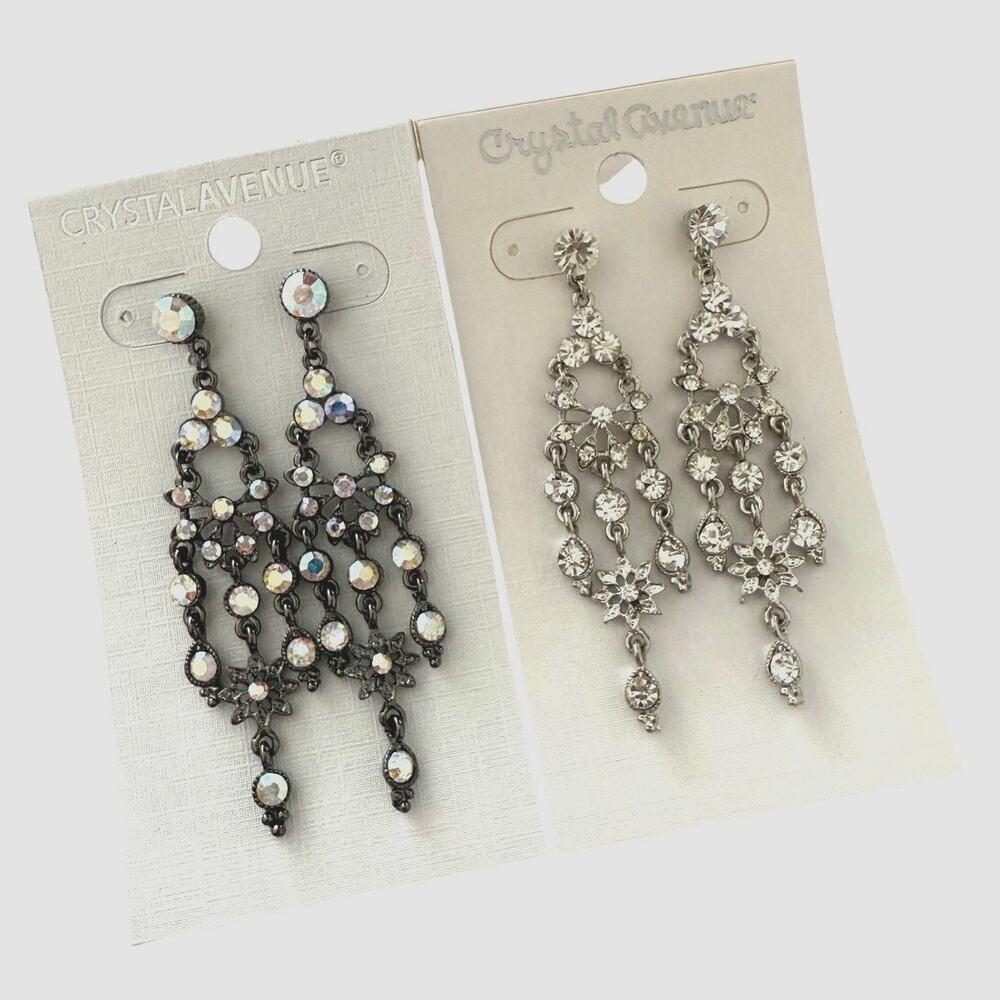 NWT 2 Crystal Iridescent/Clear Silver Plated Long Chandelier Party Earrings